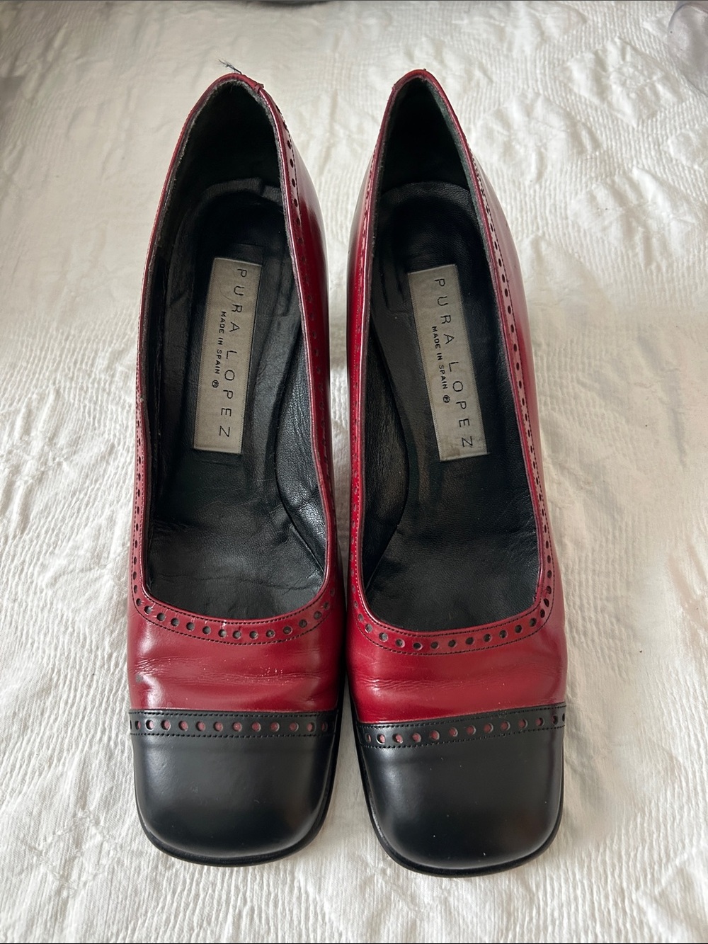 Pura Lopez Red and Black Leather Square-Toe Pumps, Size 10.